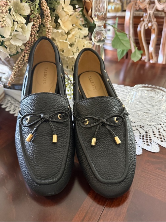 Talbots Shoes - Talbots Black Pebbled Leather Slip-On Loafers with Gold Accents Size  8 1/2